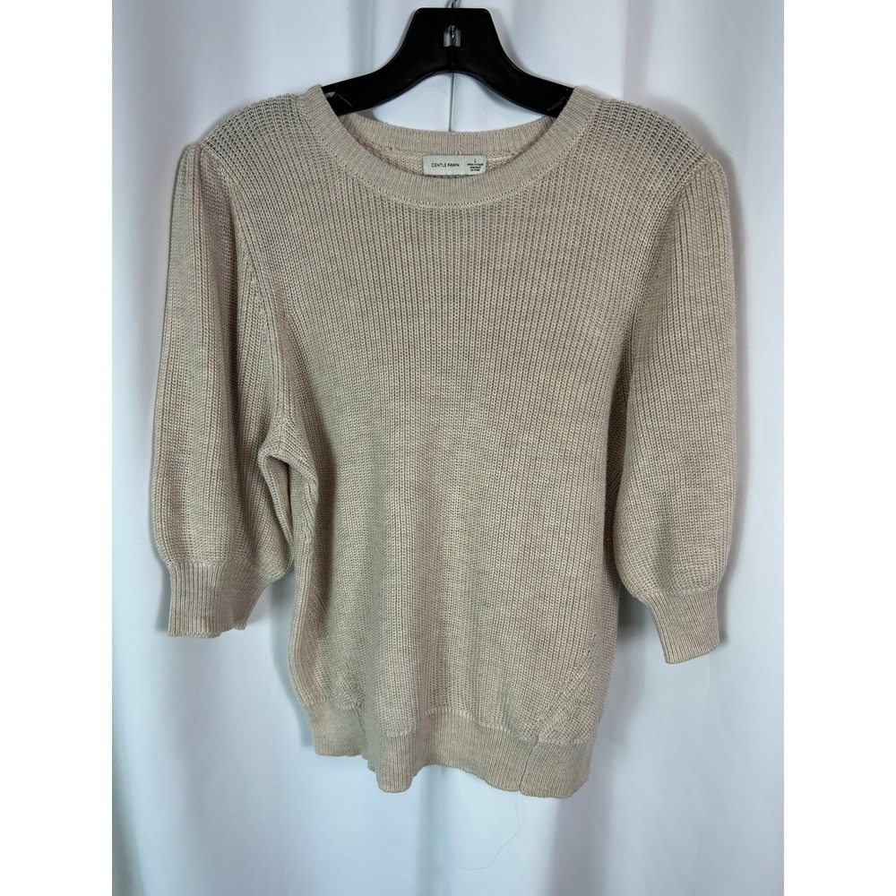 Gentle Fawn Beige Ribbed Knit Puff Sleeve Sweater Minimalist Neutral Large